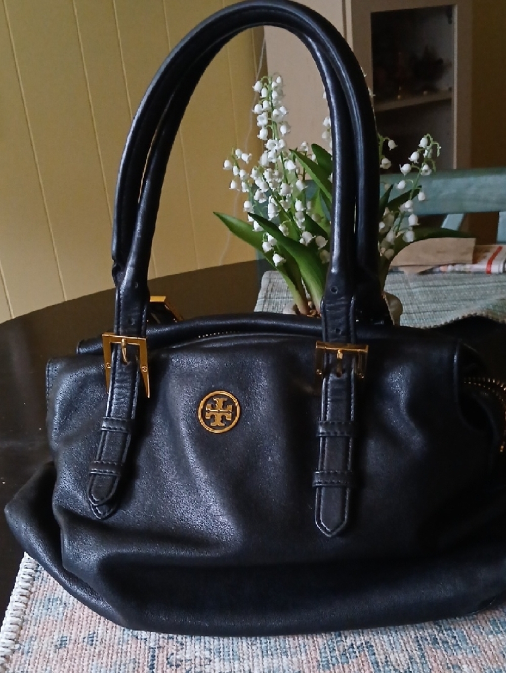 Tory Burch Black Leather Satchel with Gold Accents - Picture 11 of 11